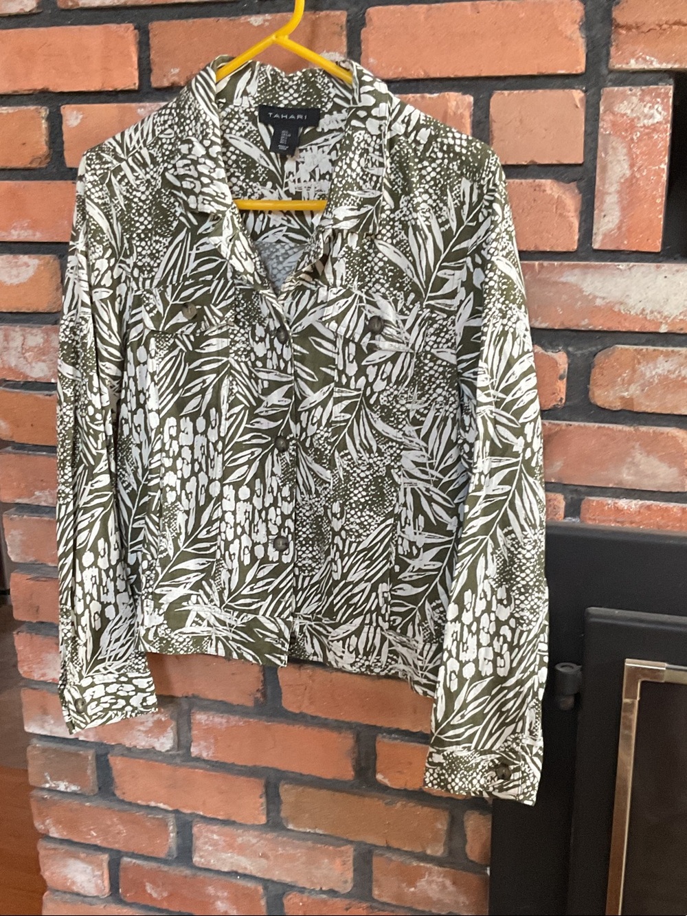 Tahari Olive and White Botanical Print Button-Down Shirt